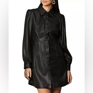 Avec Les Filles - Women's Faux-Leather Collared Shirtdress - L